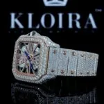 Two Tone Rose Gold Skeleton Dial Fully Iced Out Moissanite Watch Left Side View