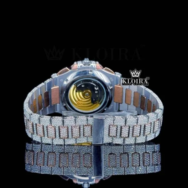 Two-Tone Rose Gold Stick Markers Chrono Moissanite Diamond Watch Caseback View