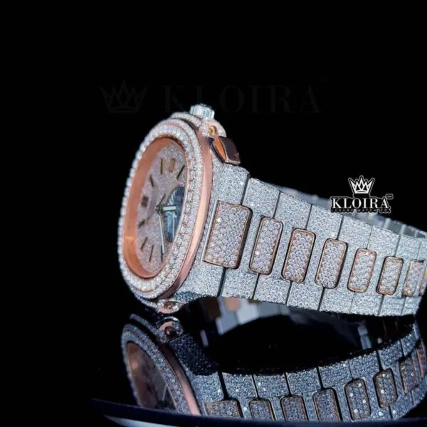 Two-Tone Rose Gold Stick Markers Chrono Moissanite Diamond Watch Left Side View