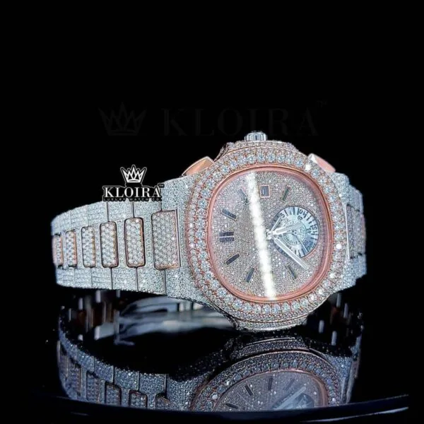 Two-Tone Rose Gold Stick Markers Chrono Moissanite Diamond Watch Right Profile View