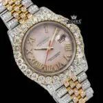 Two Tone Rose Gold Yellow Roman Numerals Moissanite Diamond Watch Full Close Up Dial View