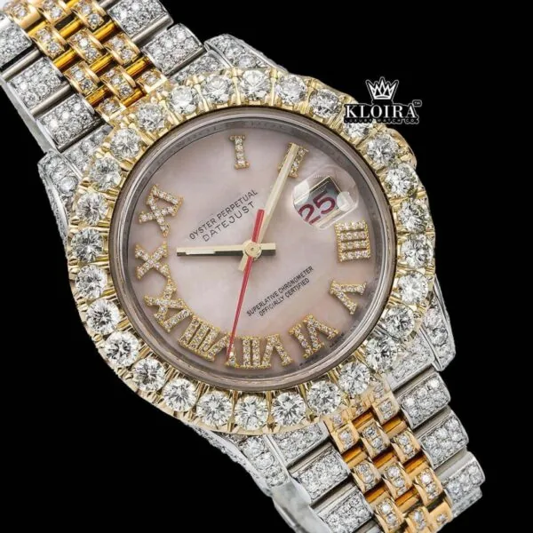 Two Tone Rose Gold Yellow Roman Numerals Moissanite Diamond Watch Full Close Up Dial View