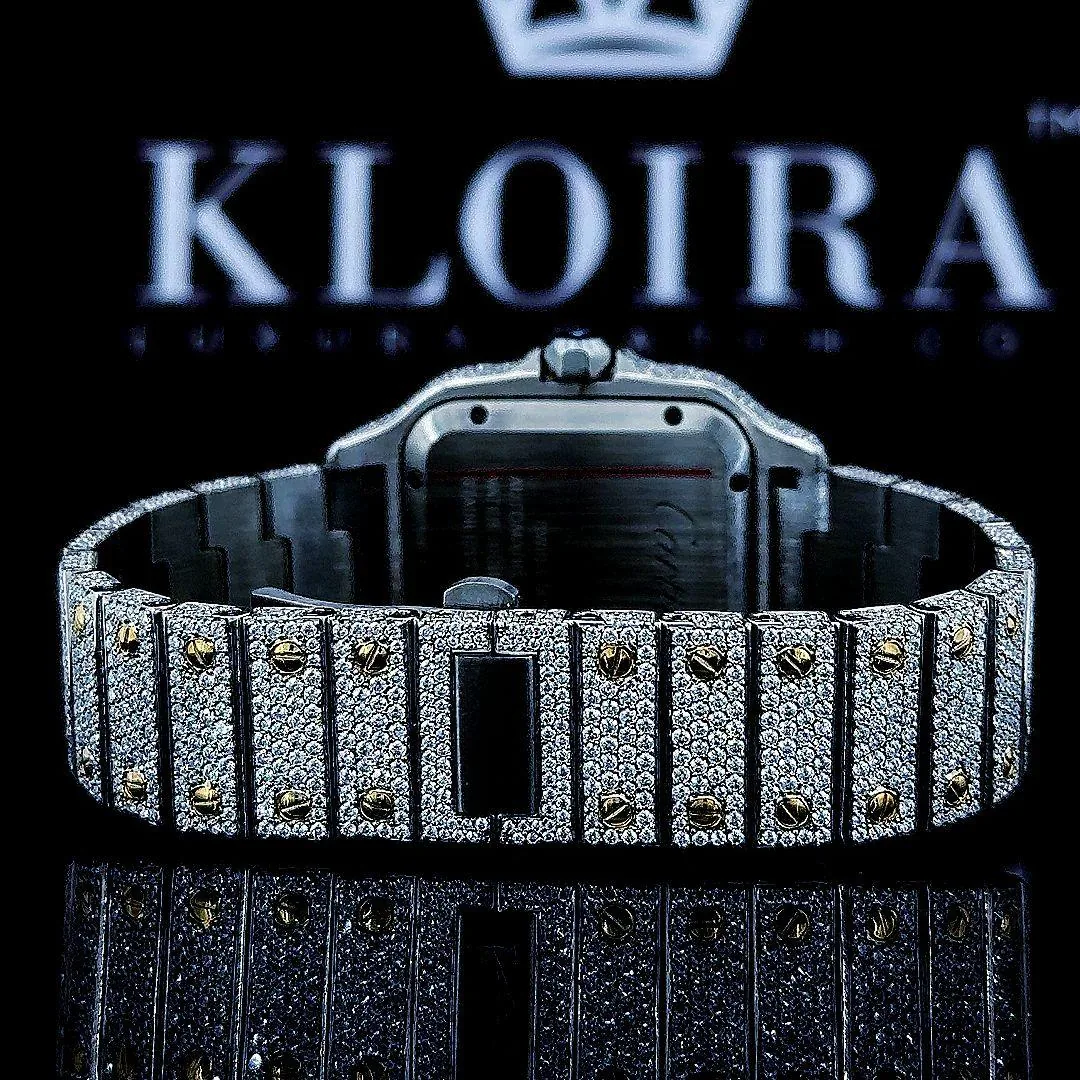 Two Tone Square Bezel Roman Numerals Fully Iced Out Moissanite Watch Back View