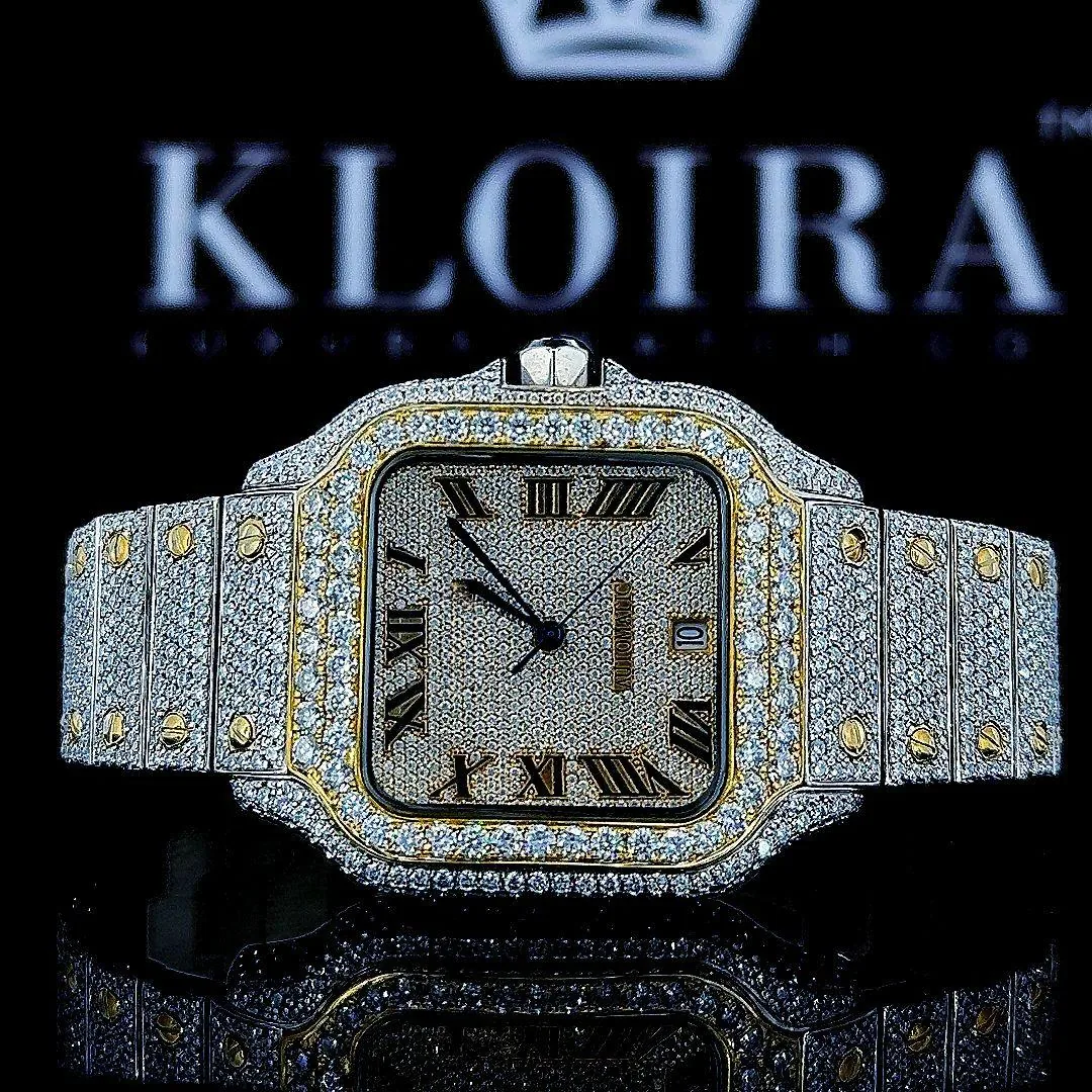 Cartior Two Tone Square Bezel Fully Iced Out Moissanite Watch with Yellow Dial