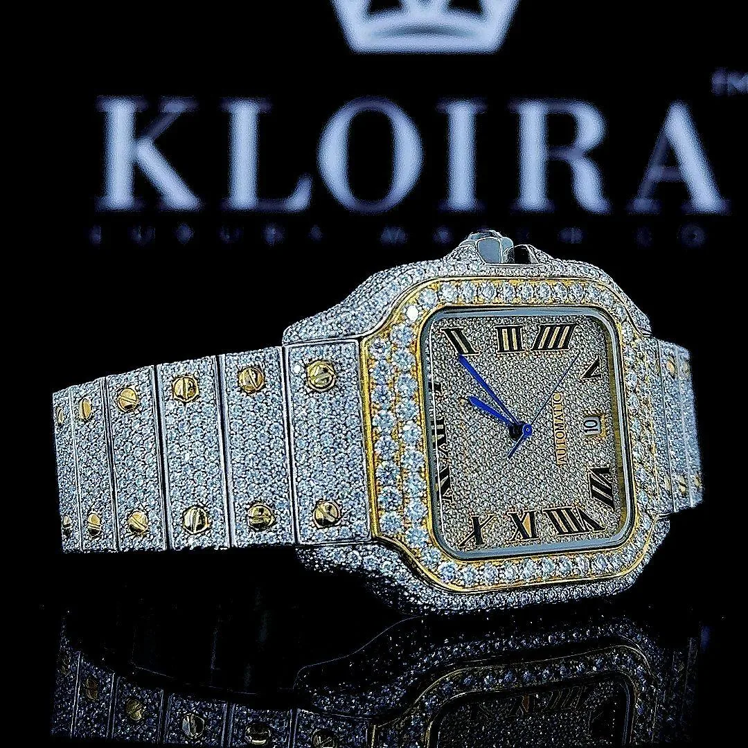 Two Tone Square Bezel Roman Numerals Fully Iced Out Moissanite Watch Left Strap View