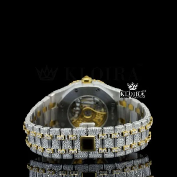 Two Tone Yellow Dial Arabic Numerals Iced Out Moissanite Diamond Watch Caseback View