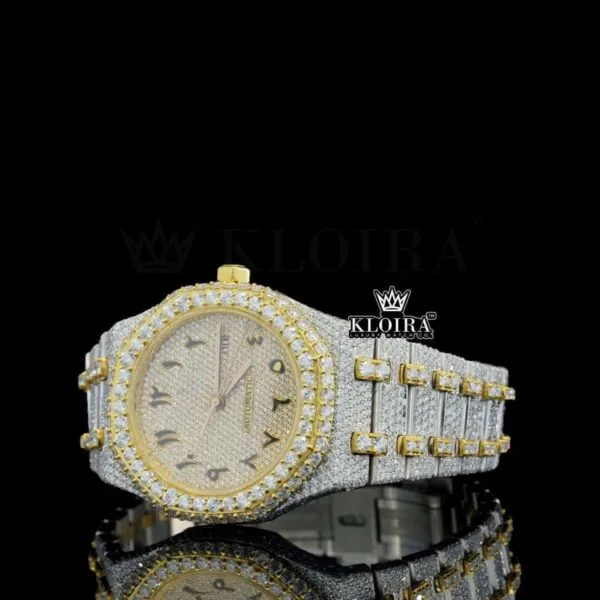 Two Tone Yellow Dial Arabic Numerals Iced Out Moissanite Diamond Watch Left Profile View
