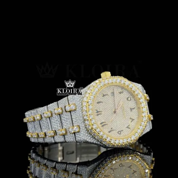 Two Tone Yellow Dial Arabic Numerals Iced Out Moissanite Diamond Watch Right Profile View