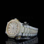 Two-Tone Yellow dial Black Stick Markers Bust Down Moissanite Diamond Watch Left Profile View