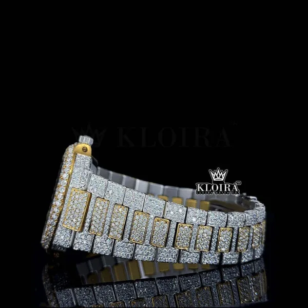 Two-Tone Yellow dial Black Stick Markers Bust Down Moissanite Diamond Watch Left Side View