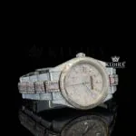 Two Tone Yellow Dial Diamond Markers Full Iced Out Moissanite Watch Right Profile View