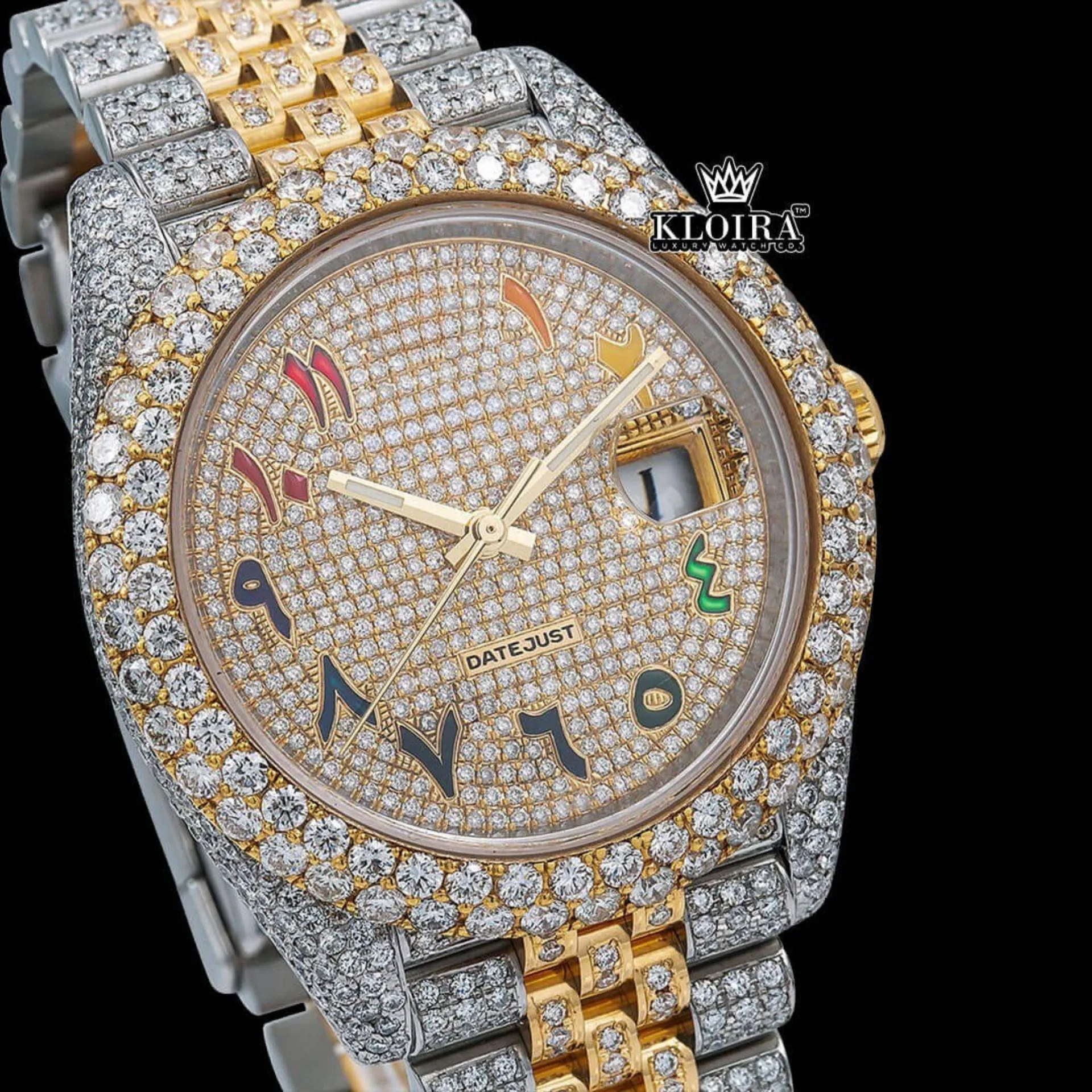 Two Tone Yellow Dial Rainbow Arabic Numerals Moissanite Diamond Watch Close Up Dial View