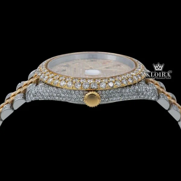 Two Tone Yellow Dial Rainbow Arabic Numerals Moissanite Diamond Watch Crown View