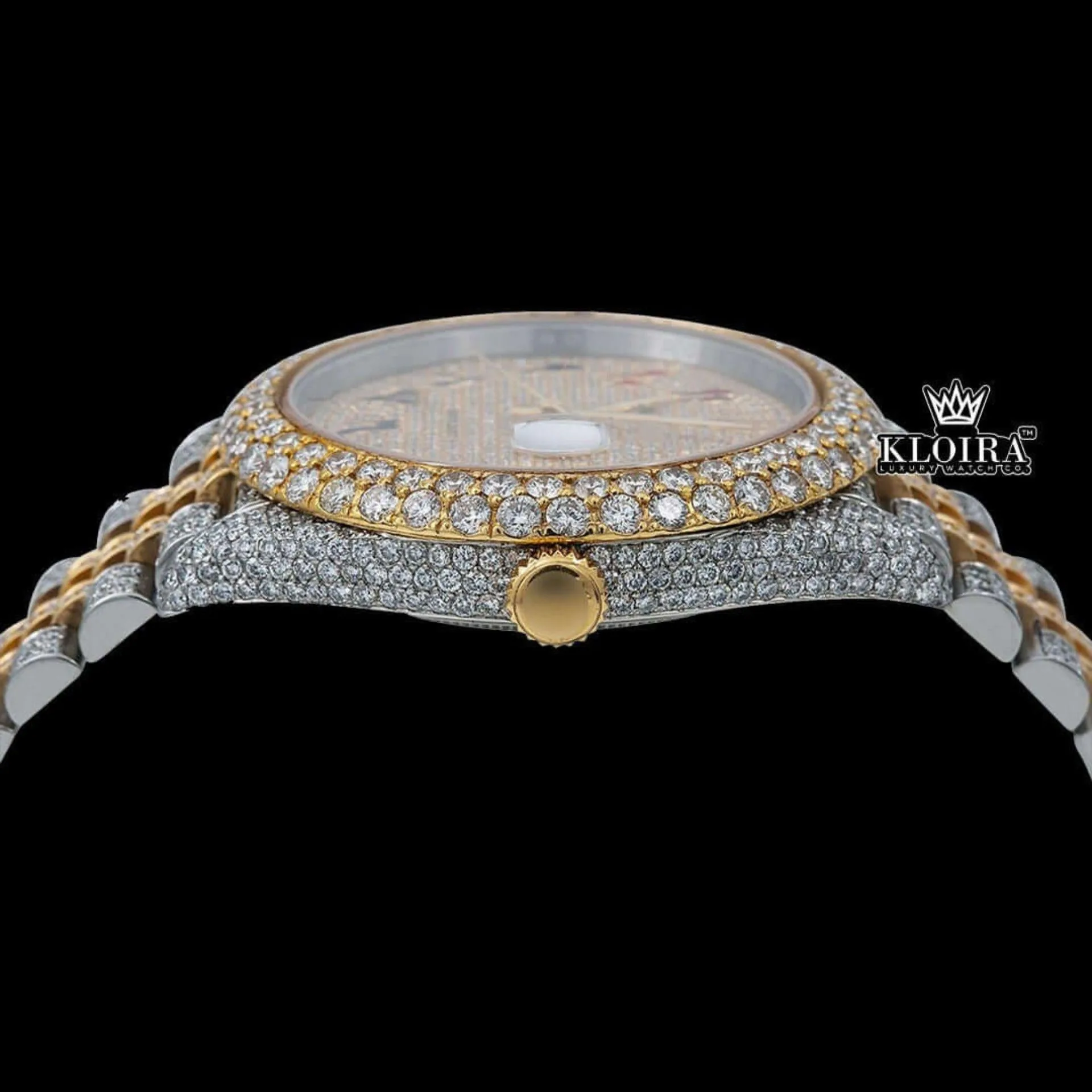Two Tone Yellow Dial Rainbow Arabic Numerals Moissanite Diamond Watch Crown View
