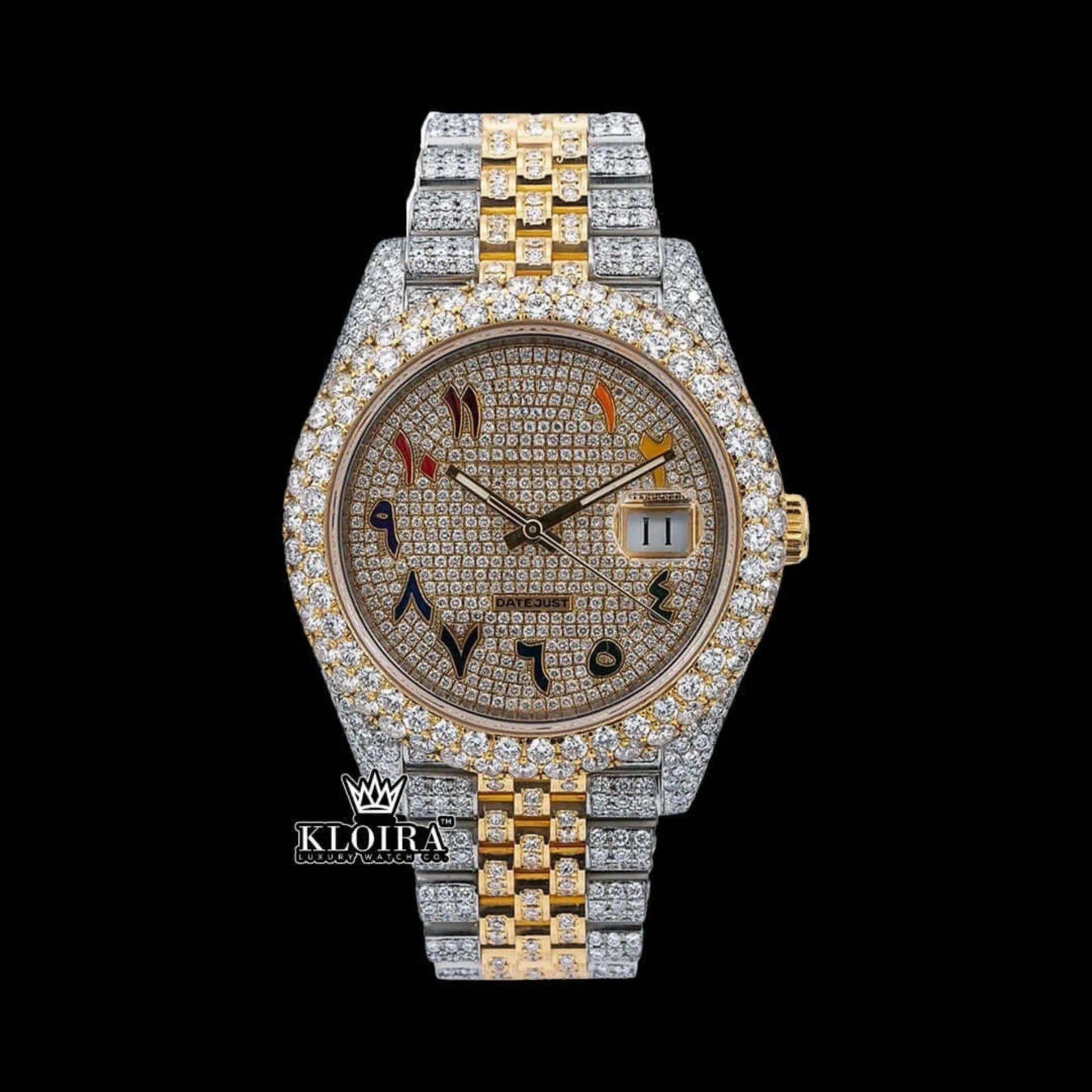 Roles Two Tone Moissanite Diamond Watch with Yellow Dial and Rainbow Arabic Numerals