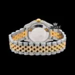 Two Tone Yellow Gold Black Dial Roman Numerals Moissanite Diamond Watch Front View Caseback View