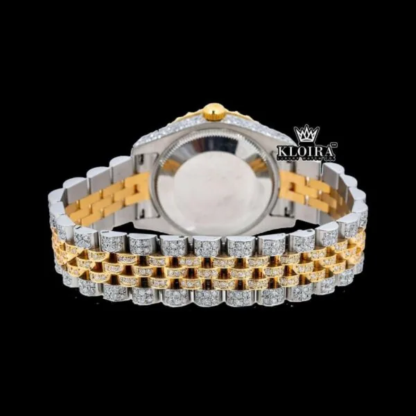 Two Tone Yellow Gold Black Dial Roman Numerals Moissanite Diamond Watch Front View Caseback View