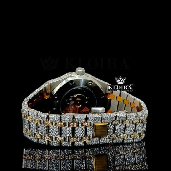 Two Tone Yellow Gold Dial Black Arabic Numerals Bust Down Moissanite Watch Caseback View