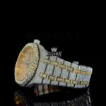 Two Tone Yellow Gold Dial Black Arabic Numerals Bust Down Moissanite Watch Left Profile View