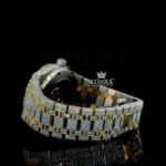 Two Tone Yellow Gold Dial Black Arabic Numerals Bust Down Moissanite Watch Left Side Bracelet View