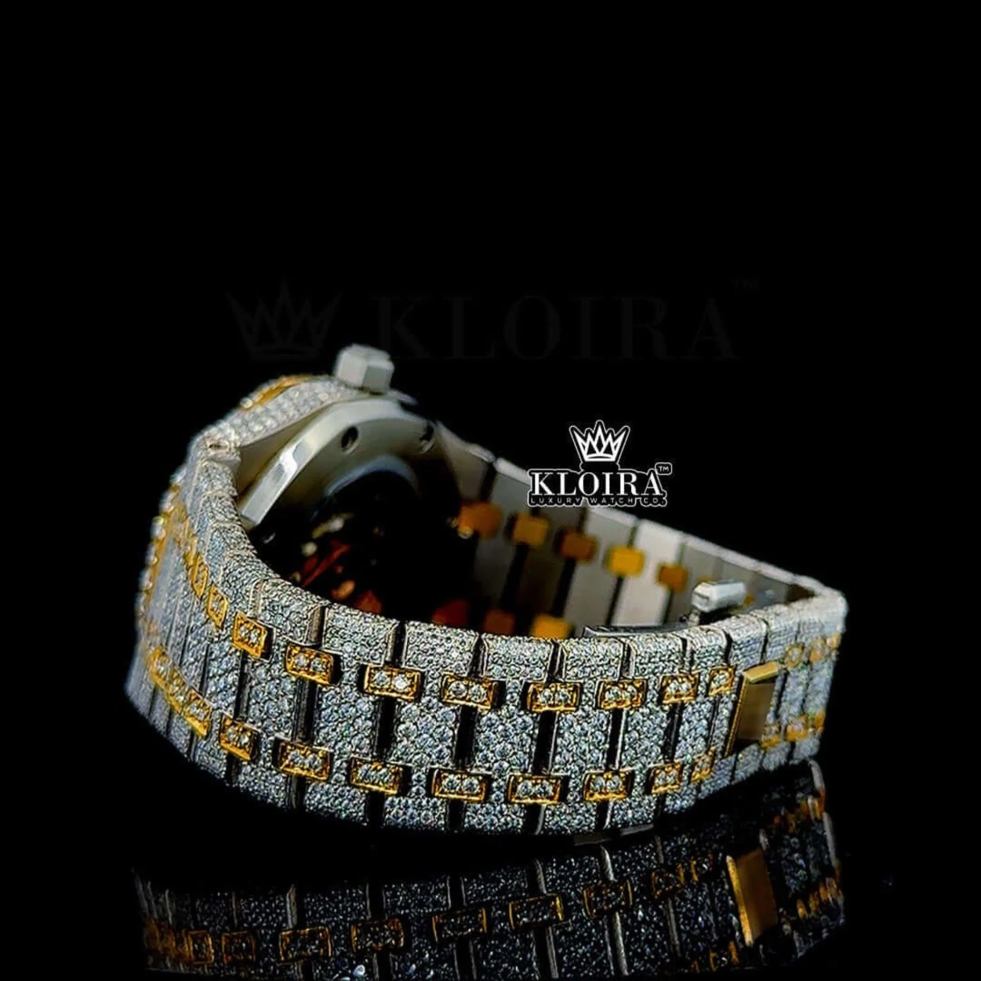 Two Tone Yellow Gold Dial Black Arabic Numerals Bust Down Moissanite Watch Left Side Bracelet View