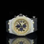 AP Two Tone Yellow Gold Dial Chronograph Moissanite Watch with yellow dial and black strap
