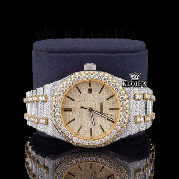 Two Tone Yellow Gold Dial Iced Out Moissanite Diamond Close Up Front View