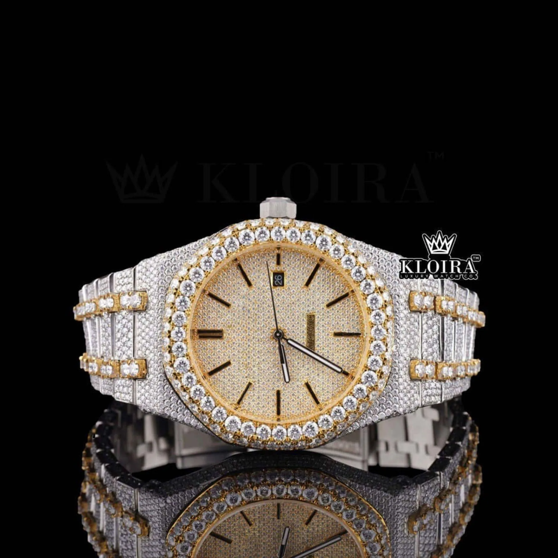 AP Two Tone Yellow Gold Dial Iced Out Moissanite Watch with Yellow Dial and Diamond Accents