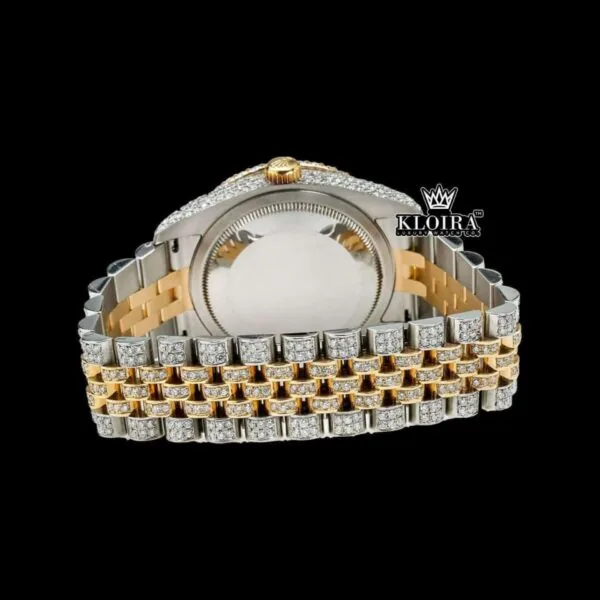 Two Tone Yellow Gold Dial Red Arabic Numerals Moissanite Diamond Watch Caseback View