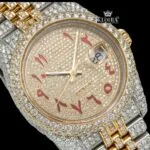 Two Tone Yellow Gold Dial Red Arabic Numerals Moissanite Diamond Watch Close Up Dial View