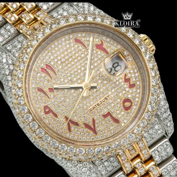 Two Tone Yellow Gold Dial Red Arabic Numerals Moissanite Diamond Watch Close Up Dial View