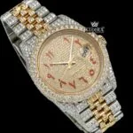Two Tone Yellow Gold Dial Red Arabic Numerals Moissanite Diamond Watch Close Up Front View