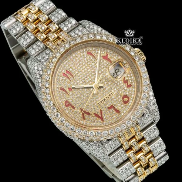 Two Tone Yellow Gold Dial Red Arabic Numerals Moissanite Diamond Watch Close Up Front View