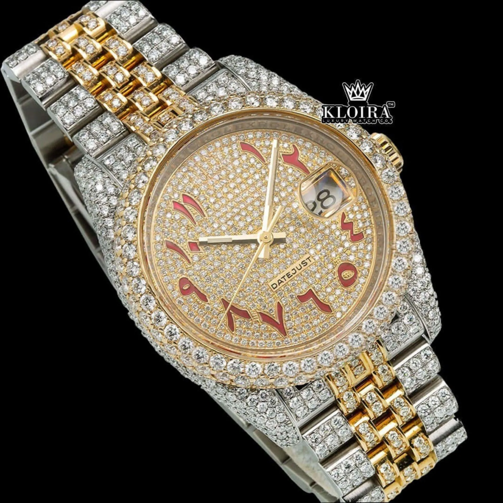 Two Tone Yellow Gold Dial Red Arabic Numerals Moissanite Diamond Watch Close Up Front View