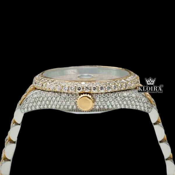 Two Tone Yellow Gold Dial Red Arabic Numerals Moissanite Diamond Watch Crown View