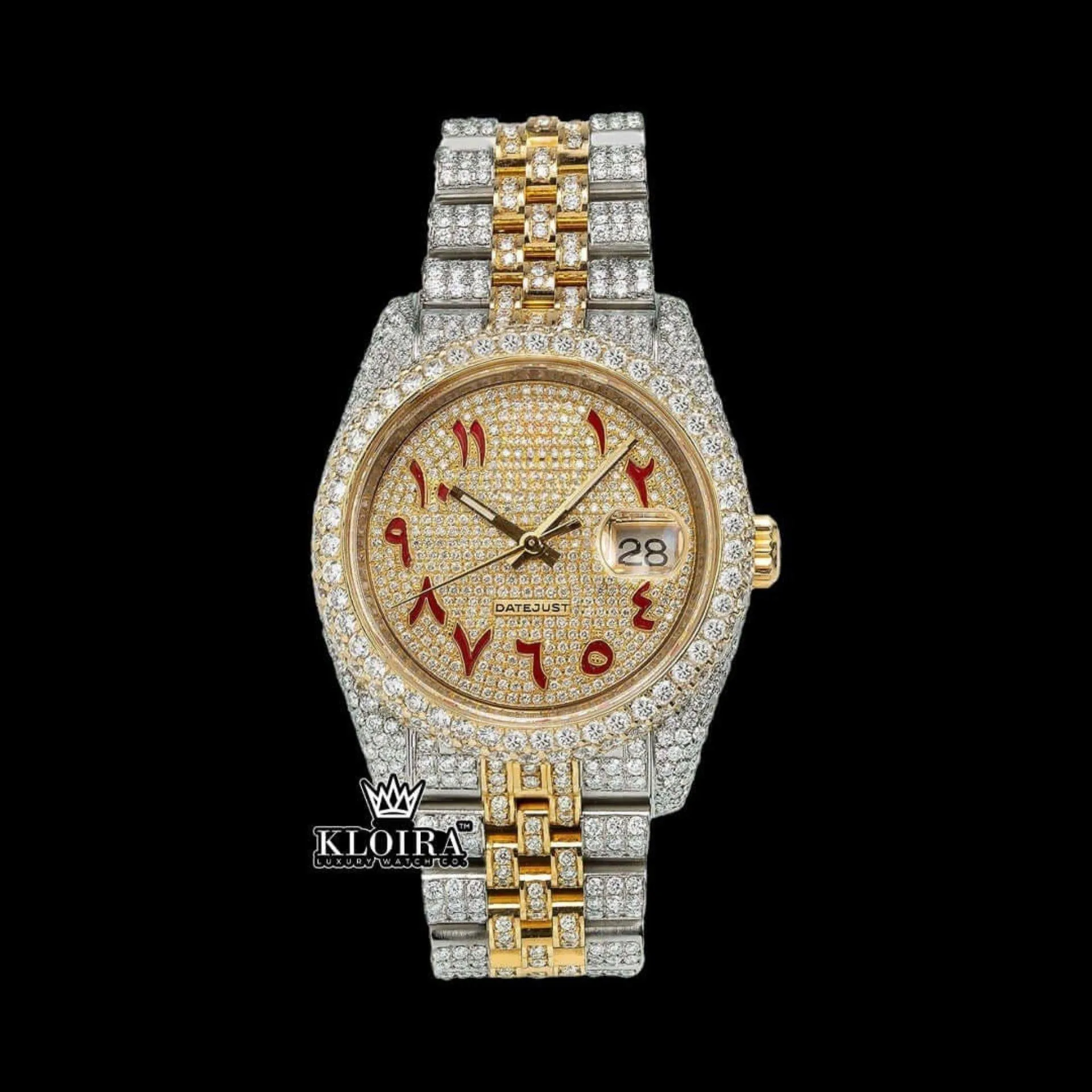 Roles Two Tone Moissanite Diamond Watch with Yellow Gold Dial and Red Arabic Numerals