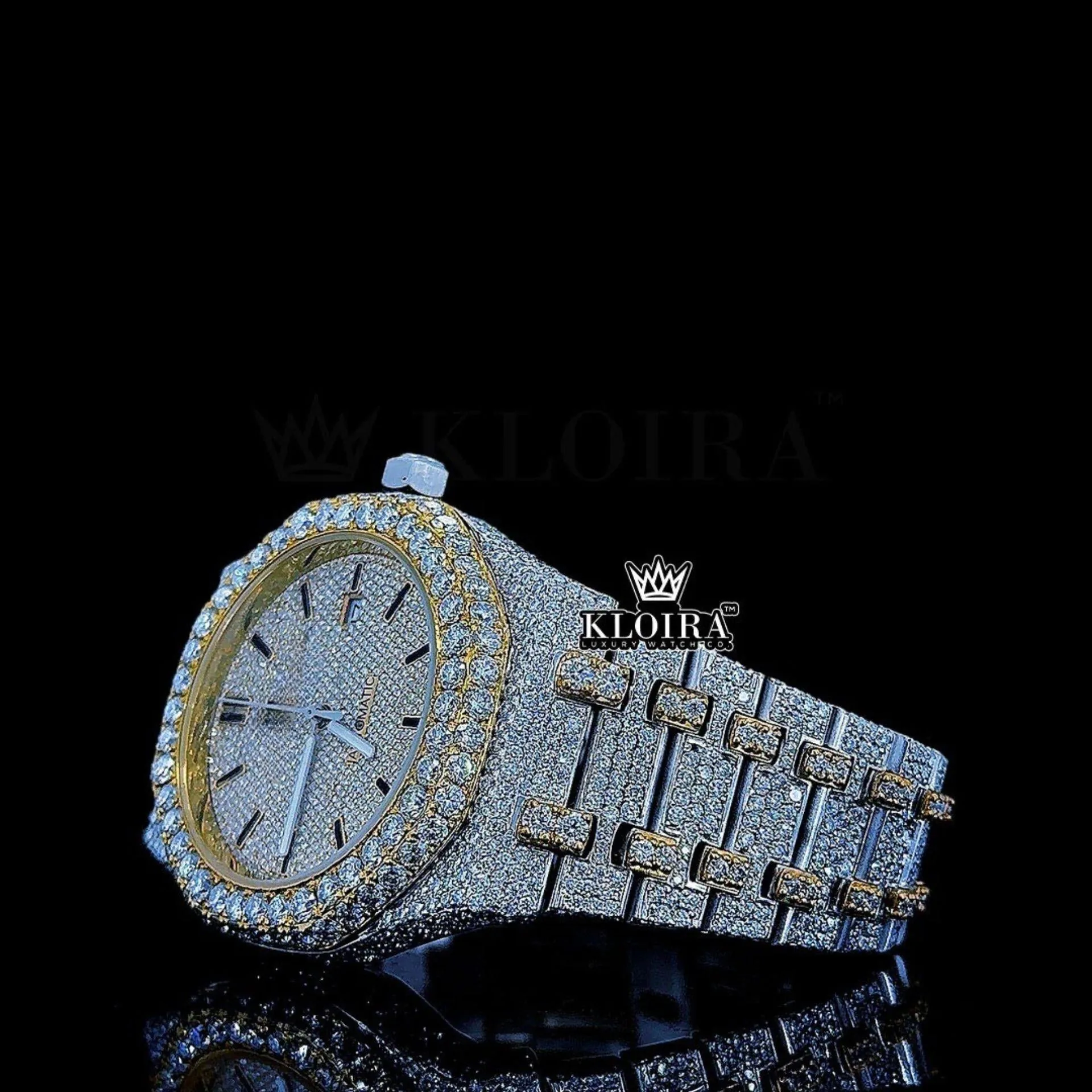 Two Tone Yellow Gold Iced Out Moissanite Diamond Watch Close Up Left Profile View