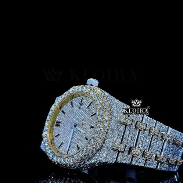 Two Tone Yellow Gold Iced Out Moissanite Diamond Watch Left Profile View