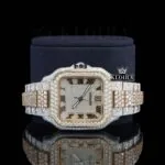 Two Tone Yellow Gold Roman Numerals Moissanite Diamond Watch Close Up Front View