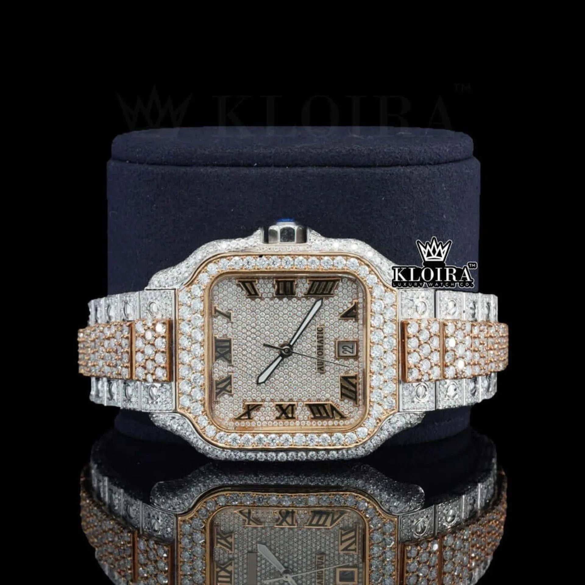 Two Tone Yellow Gold Roman Numerals Moissanite Diamond Watch Close Up Front View