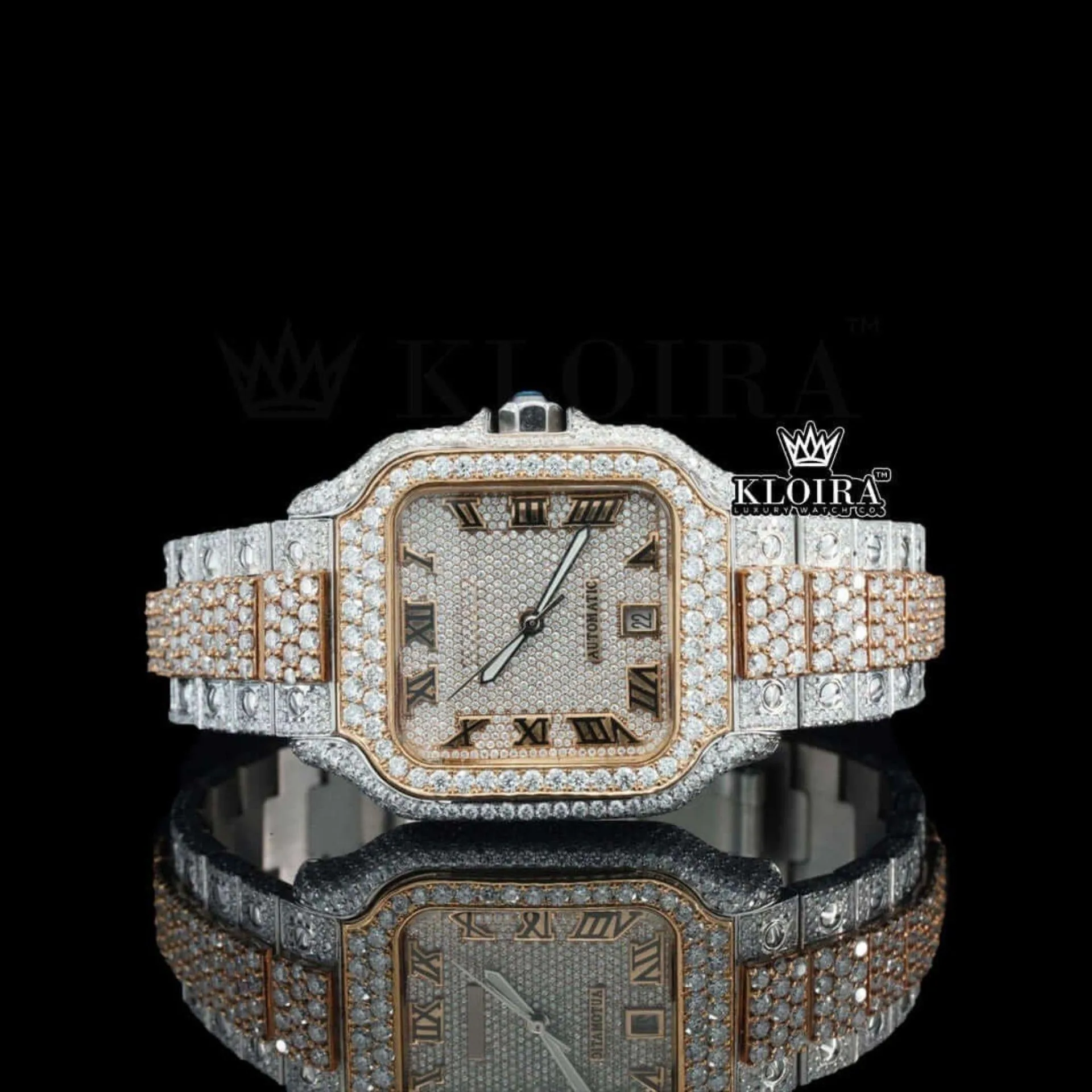 Cartior Two Tone Moissanite Diamond Watch with Roman Numerals Front View
