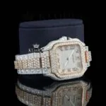 Two Tone Yellow Gold Roman Numerals Moissanite Diamond Watch Right Profile View