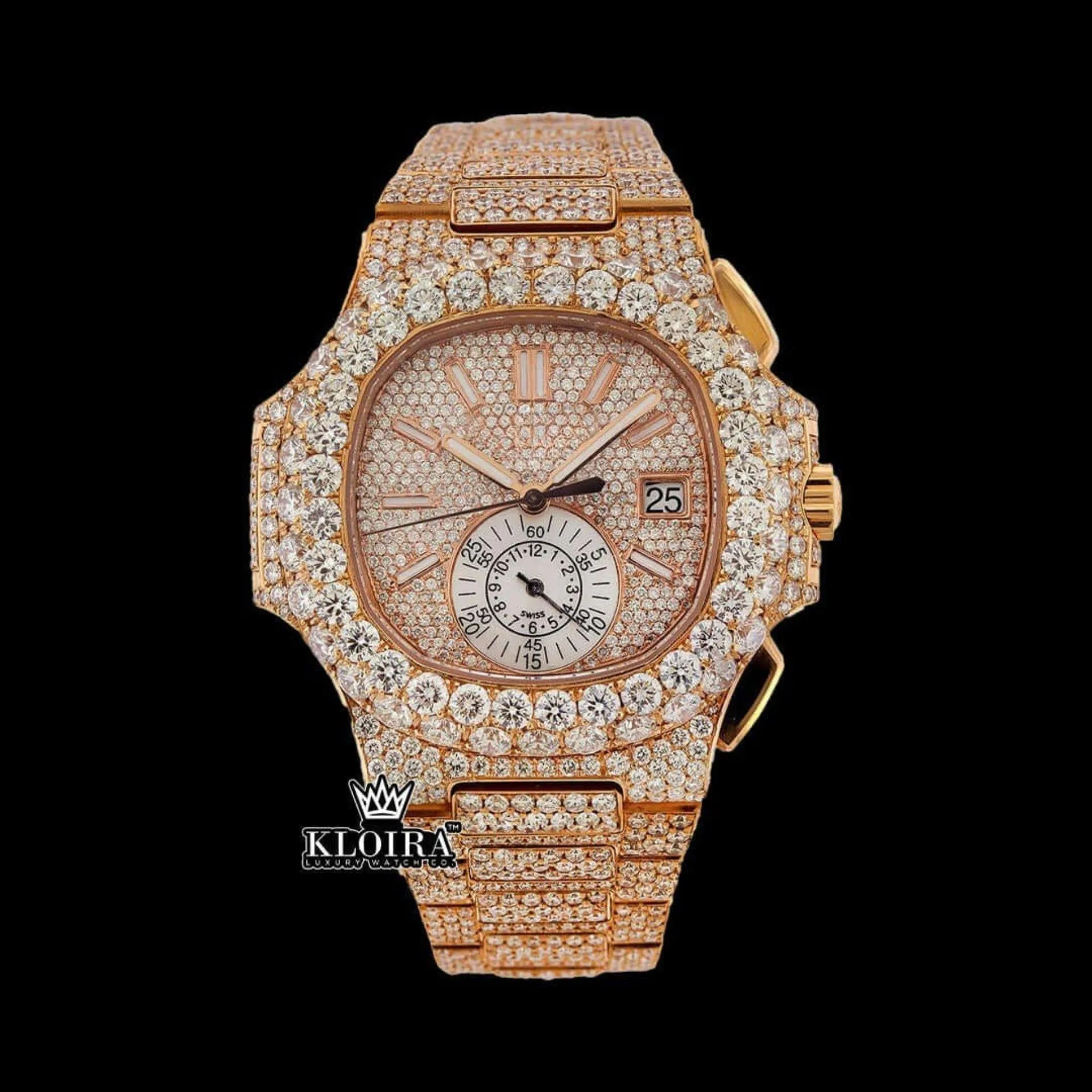 Patik Philippe Nautilus Rose Gold Moissanite Chronograph Watch with Stick Markers