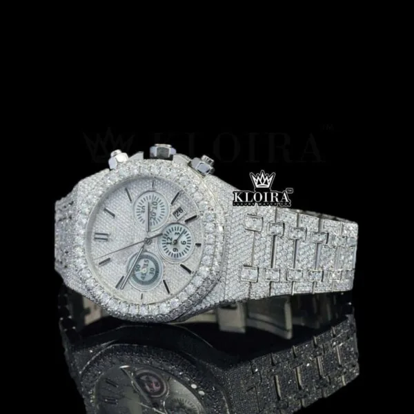 White Chronograph Dial Stick Markers Fully Iced Out Natural Diamond Watch Close Up Dial View