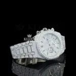 White Chronograph Dial Stick Markers Fully Iced Out Natural Diamond Watch Right Side View