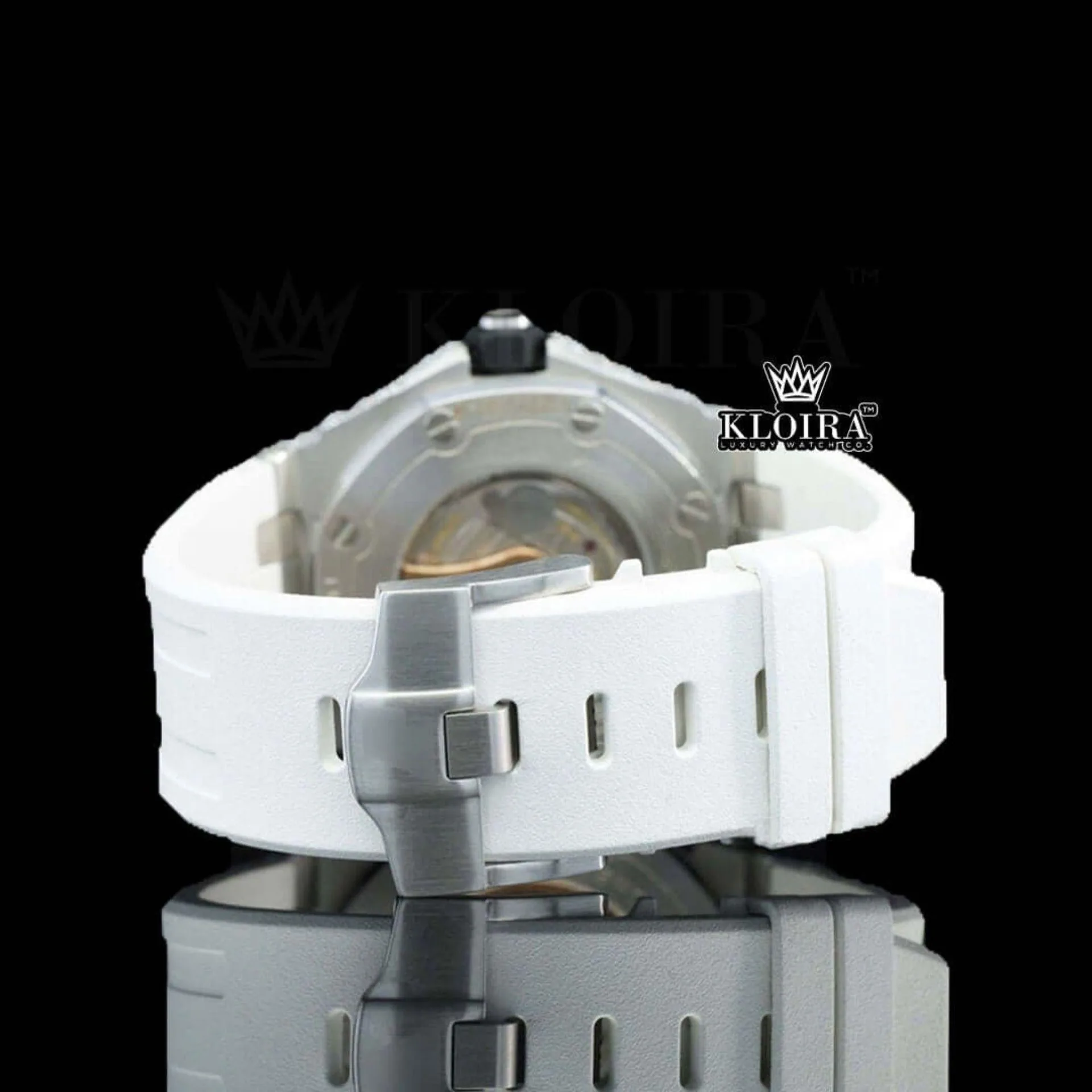 White Dial AP Black Stick Markers Semi Iced Out Moissanite Watch Back View