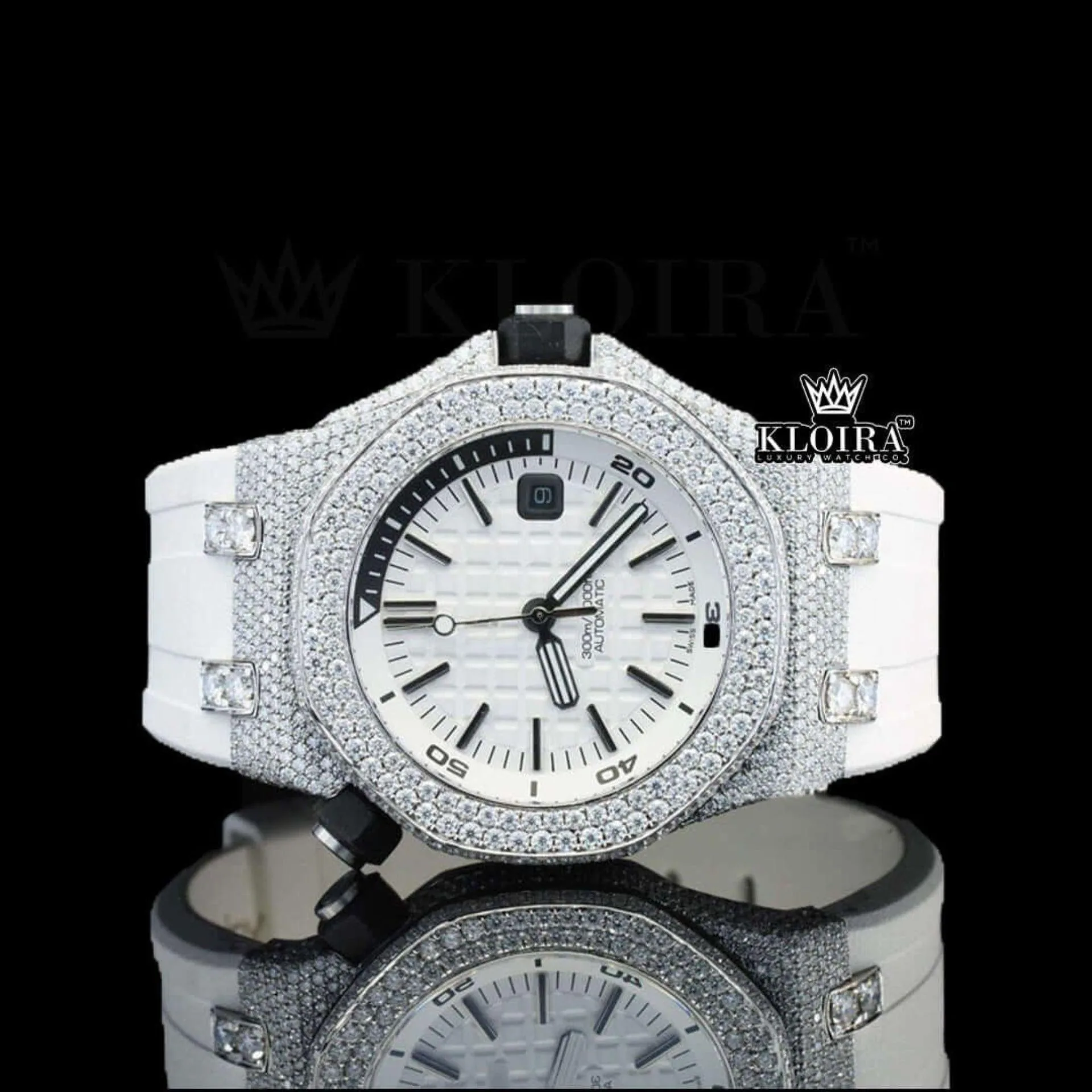 AP Royal Oak Offshore Moissanite Watch with White Dial and Black Stick Markers