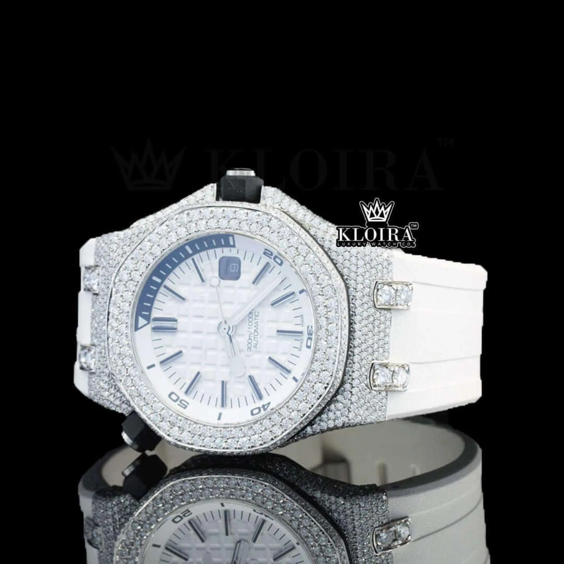 White Dial AP Black Stick Markers Semi Iced Out Moissanite Watch Left Profile View