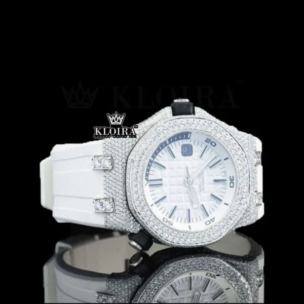 White Dial AP Black Stick Markers Semi Iced Out Moissanite Watch Right Profile View