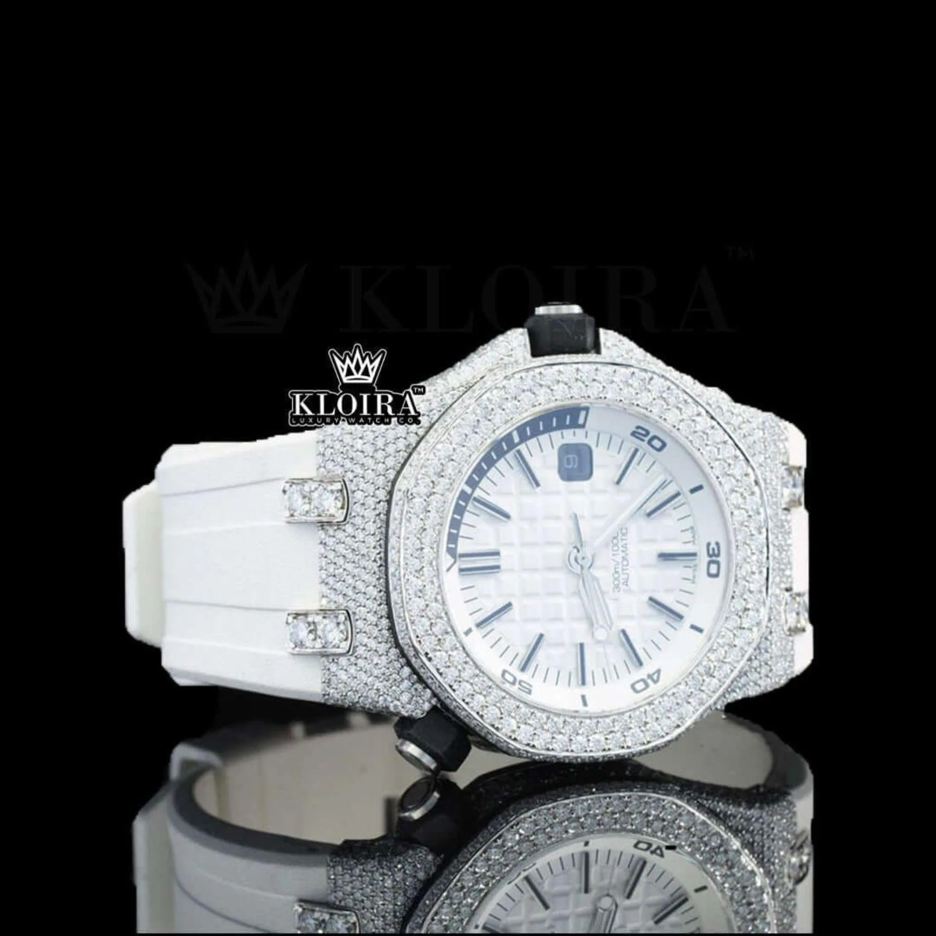 White Dial AP Black Stick Markers Semi Iced Out Moissanite Watch Right Profile View